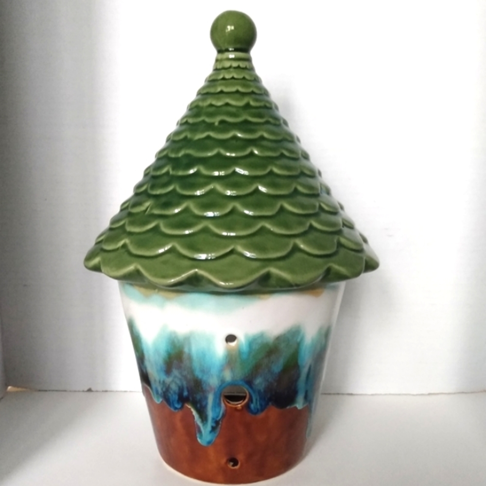 Glazed drip pottery birdhouse candleholder